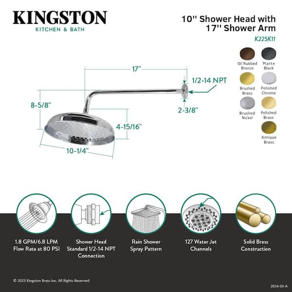 Kingston Brass Trimscape 1-Spray Patterns 10 in. Wall Mount Fixed Shower  Head with 17 in. Shower Arm in Antique Brass HK225K13