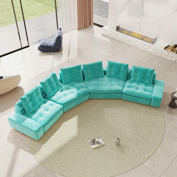 Magic Home Cabriole Modern Oversized Deep Seat 218 in. Square Arm Velvet C-Shape Cloud Couch Modular Sectional Sofa in Tiffany Blue