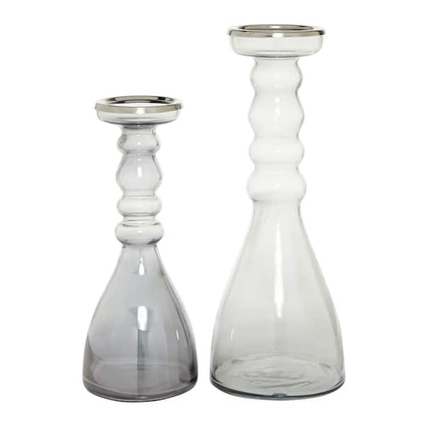 Litton Lane Gray Glass Handmade Bubble Pillar Candle Holder with Smoked Glass Finish of 24677 - The Home