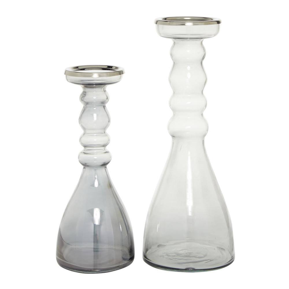 Elegant Gray Glass & Wood Hurricane Candle Holder Set, 14"H