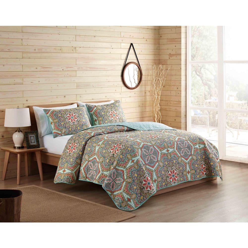 Full Reversible Multicolor Microfiber Medallion Quilt Set