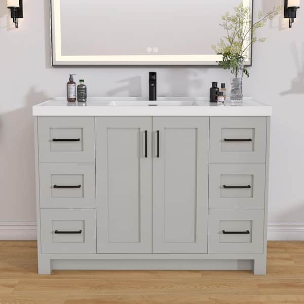 Getpro 48 in. W x 22 in. D x 35 in. H Freestanding Single Sink Bath Vanity Cabinet in Light Gray with White Solid Surface Top