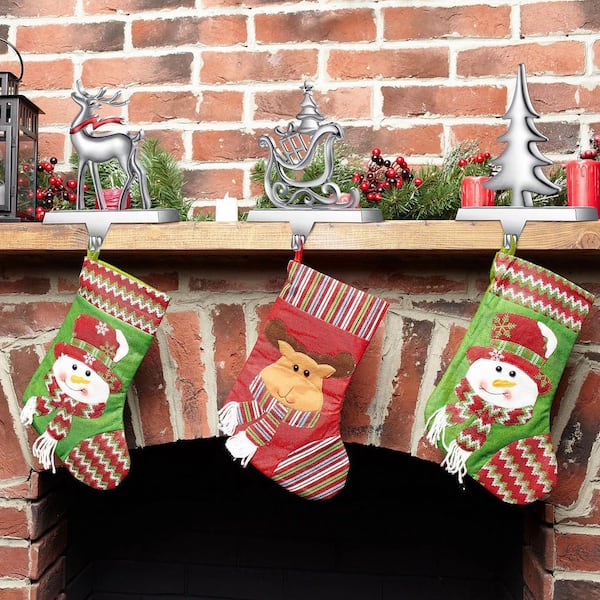 6-Piece Silver Christmas Stocking Holders with Snowflake Tree Santa Reindeer Design, Include Towel Rack, Hooks for Xmas
