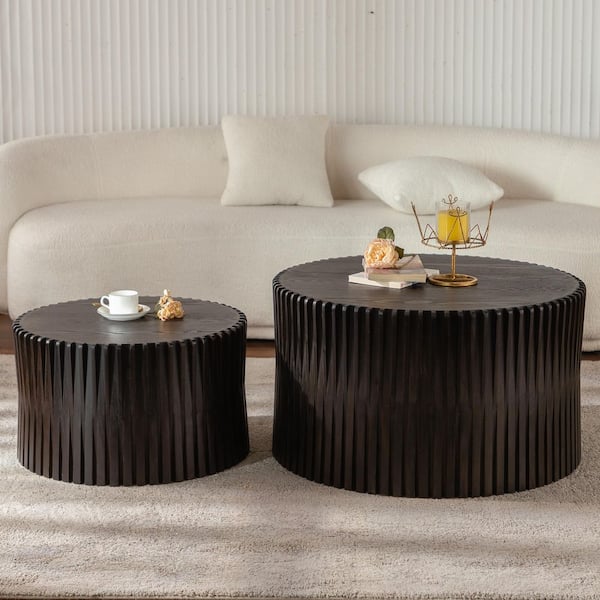 Sudzendf 31.5 in. Dark Brown Cylindrical Nesting Coffee Table Set with Vertical Textured Embossed Design (Set of 2)