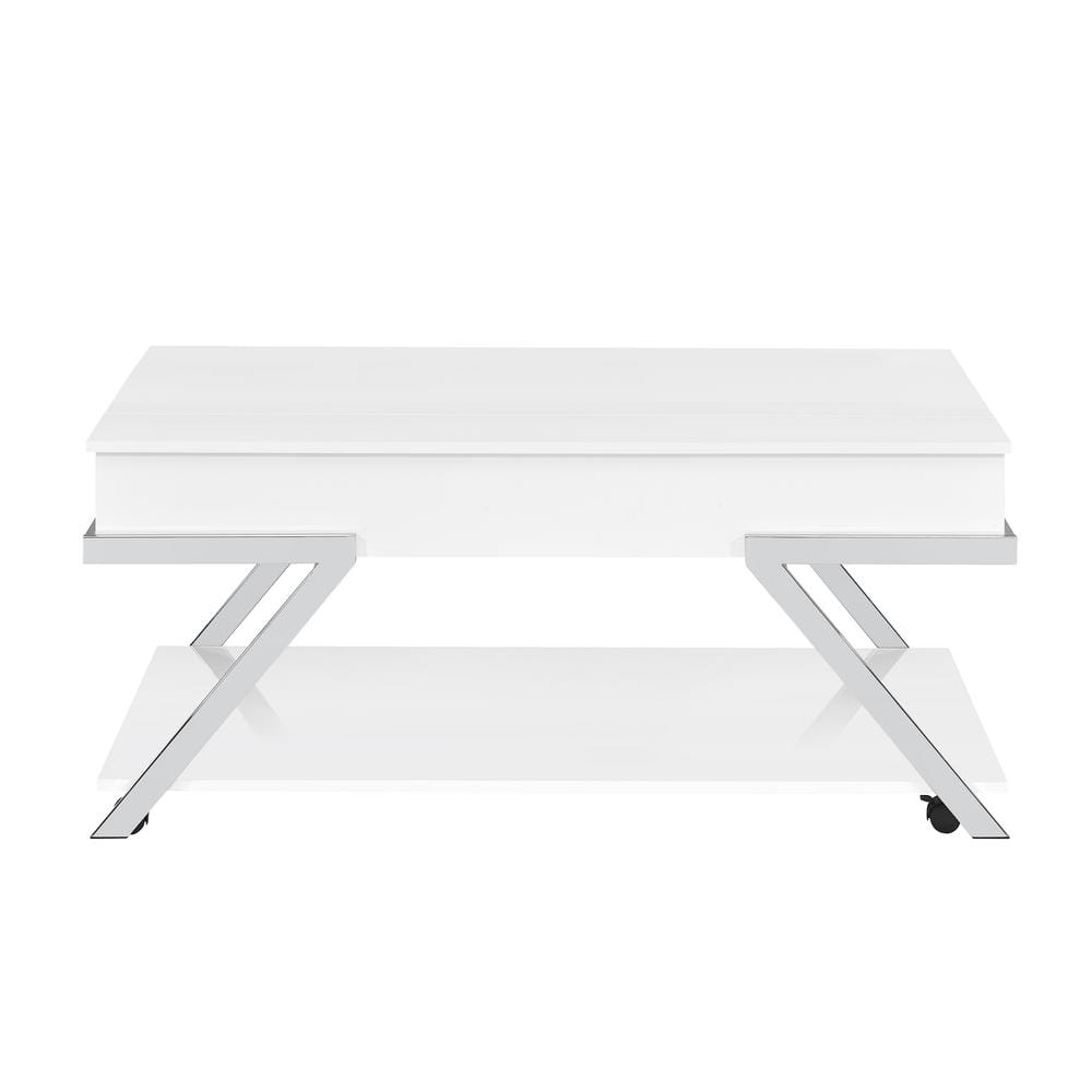 White Metal and Wood Lift-Top Coffee Table with Storage
