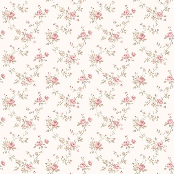 Unbranded Miniatures 2-Pale Pink/Green/Ivory Rose Floral Trail Design Matte Finish Non-Pasted Vinyl on Non-Woven Wallpaper Roll