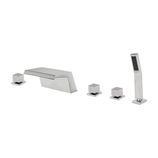 Single-Handle Tub Deck Mount Roman Tub Faucet with Hand Shower and Water Suply Hose in Brushed Nickel