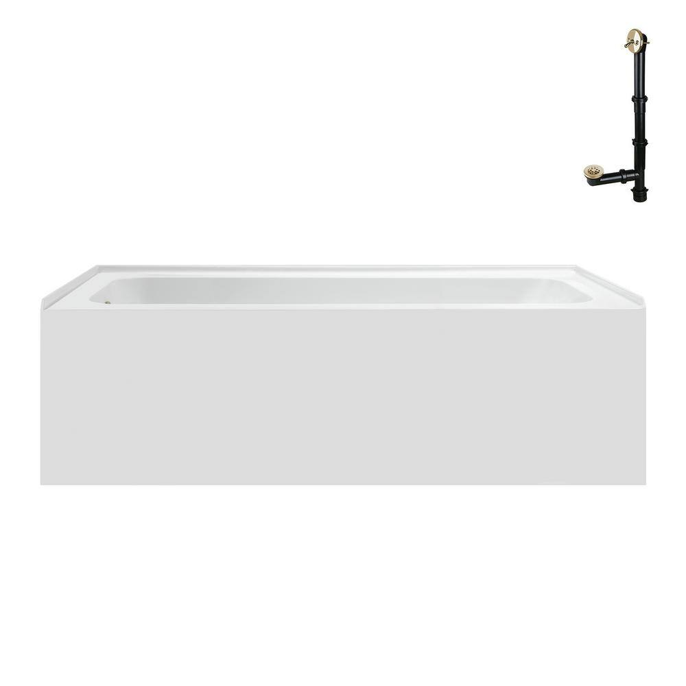 60-Inch Glossy White Acrylic Alcove Bathtub with Polished Brass Drain