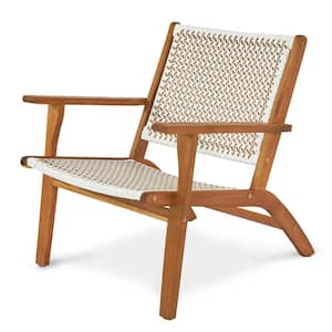 Acacia Wood Outdoor Lounge Chair with Woven Web Seat and Back, Wooden Outdoor Reclining Chair Set of 1