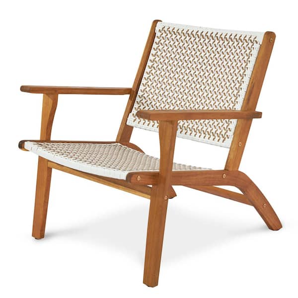 VINGLI Acacia Wood Outdoor Lounge Chair with Woven Web Seat and Back, Wooden Outdoor Reclining Chair Set of 1