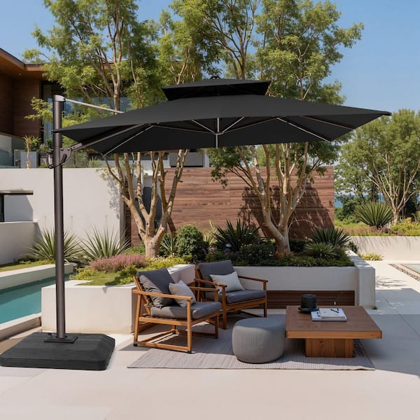 11 ft. x 9 ft. Patio Cantilever Umbrella w/ 350 lbs. Weighted Base Double Top Tiltable Outdoor Offset Umbrella in Black