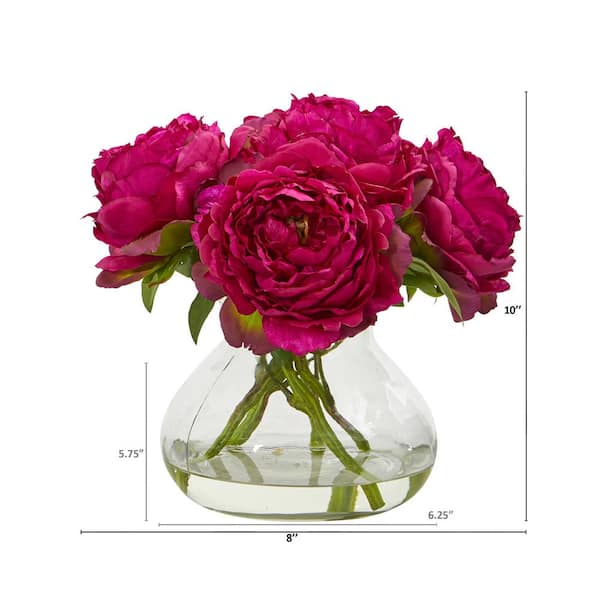 Enova Home Artificial Silk Peony Fake Flowers Arrangement in Round Glass  Vase with Faux Water - 10H x 10W Purple 