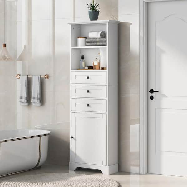 Bnuina 22 in. W x 10 in. D x 68.3 in. H White Freestanding Linen Cabinet with 3 Drawers and Adjustable Shelves in White