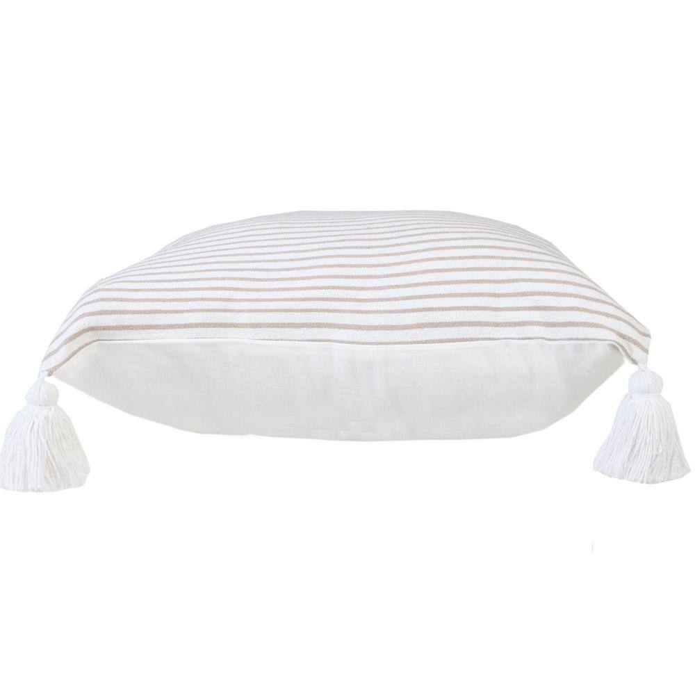Beige and White Striped Cotton Throw Pillow with Tassels