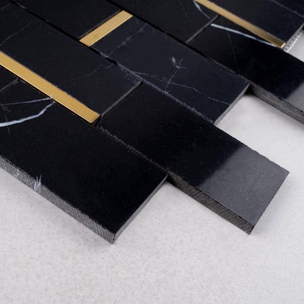Bianco 12x12 Black and Gold Marble Brick Joint Mosaic Tile