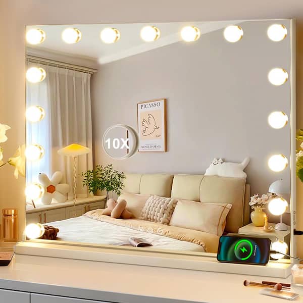 GQB 24 in. W x 20 in. H Rectangular Framed LED Bulb Hollywood Tabletop Bathroom Makeup Mirror in White with 3-Color Lights
