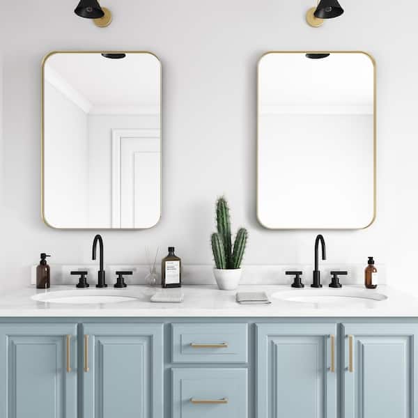 20 in. x 30 in. Metal Framed Rounded Rectangle Bathroom Vanity Mirror in Gold