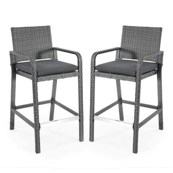 2-Piece All-Weather Wicker Outdoor Serving Bar Set with Gray Cushions, Patio High Bar Chairs for Deck, Backyard, BBQ