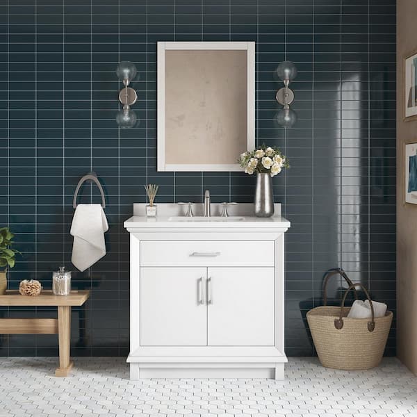 OVE Decors Churchill 42 in. W x 22 in. D x 34 in. H Single Sink Bath Vanity in Pure White with White Engineered Stone Top