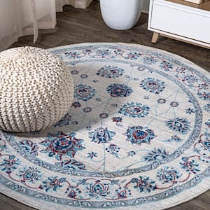 Modern Persian Vintage Moroccan Traditional Ivory/Blue/Red 5' Round Area Rug