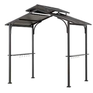 Hanscom 5 ft. x 8 ft. Brown Steel Frame Double Tiered Hardtop Grill Gazebo with Ceiling Hook and Shelves