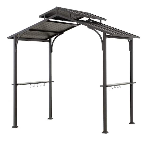Sunjoy 5 ft. x 8 ft. Brown Steel Frame Double-Tier Hardtop BBQ Grill Gazebo with Ceiling Hook and Shelves for Lawn Backyard