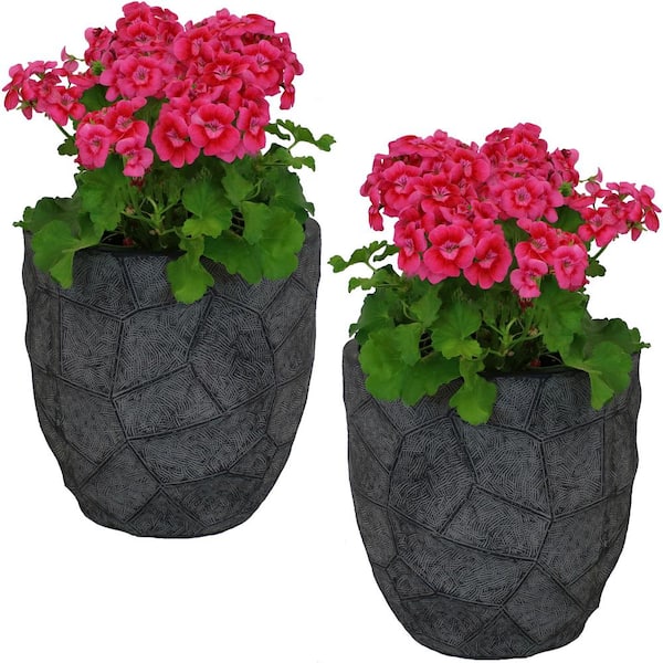 Sunnydaze Homestead Dark Gray Carved Stone Fiber Clay Planter Flower Pot, Durable Indoor/Outdoor Use (Set of 2)