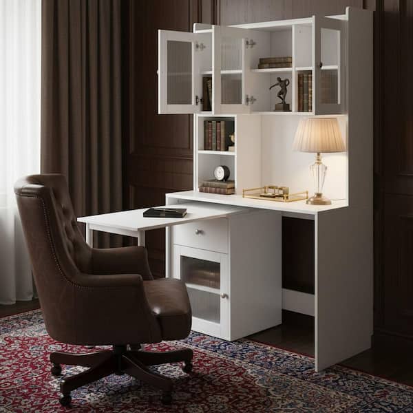 Homy Casa QUKO 39.3 in. Pearl White Writing Desk with Rotating