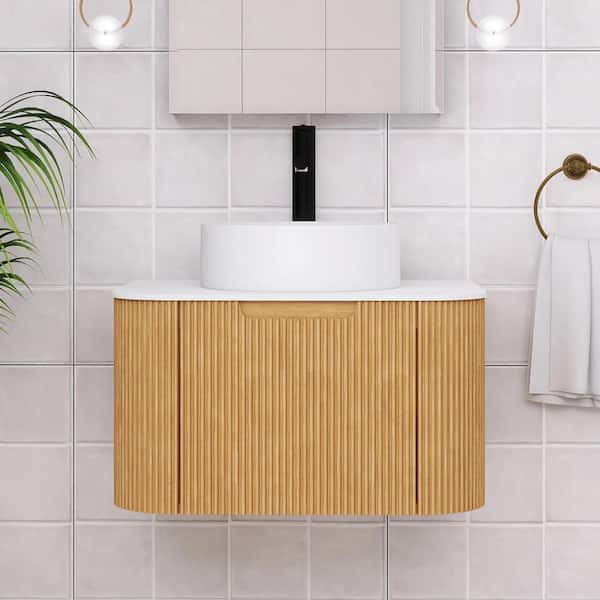 24 in. W x 19 in. D x 19 in. H Single Sink Wall-Mounted Bath Vanity in Natural Wood with White Engineered Marble Top
