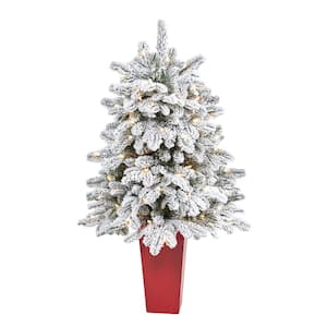 3.5 ft. Flocked Fir Artificial Christmas Tree with 150 Warm White Lights and 545 Bendable Branches in Planter
