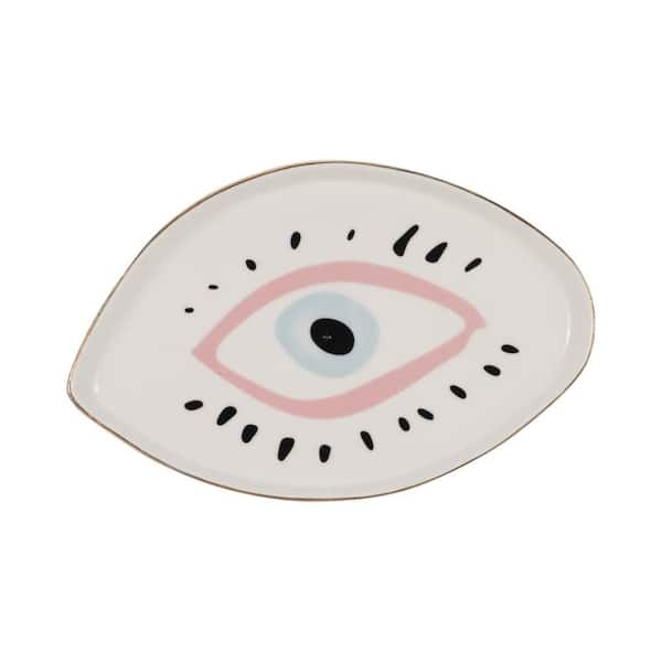 Liv & Skye White 6 in. x 4 in. Stoneware Oval Abstract Eye Decorative Trinket Tray
