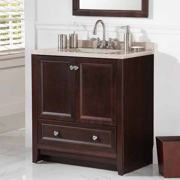 Glacier Bay Delridge 31 in. W x 19 in. D x 35 in. H Single Sink  Bath Vanity in Chocolate with Caramel Cultured Marble Top