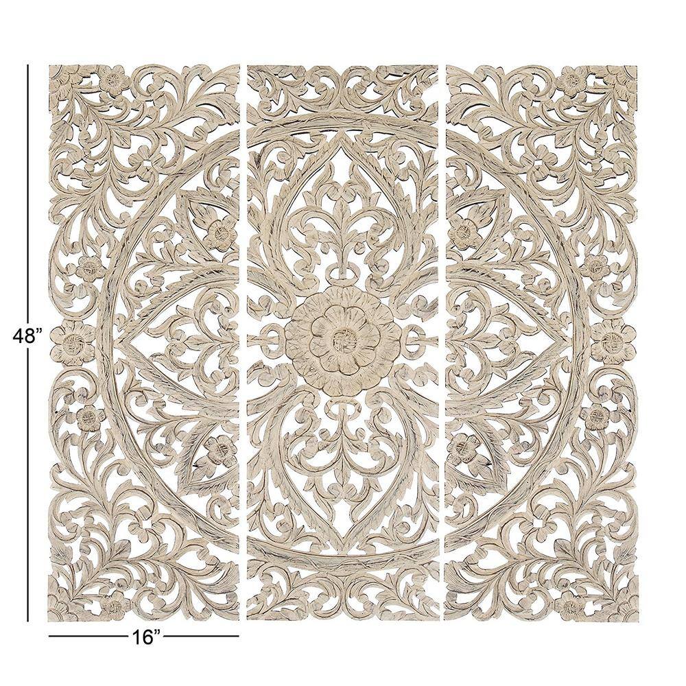 Antique White Floral Hand Carved Wooden Wall Plaque Set