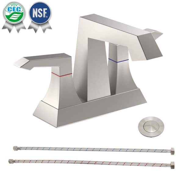 4 in. Centerset Double Handle Bathroom Faucet with Drain and Supply Kits in Brushed Nickel
