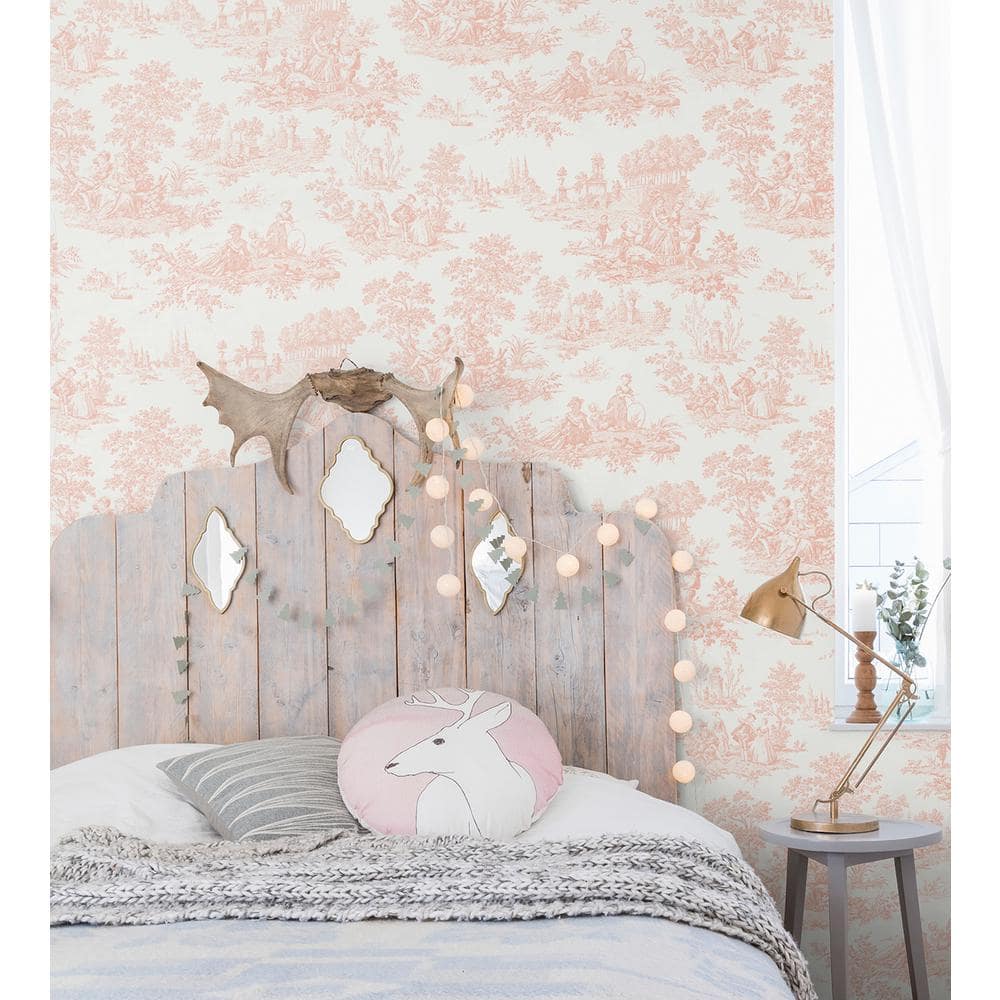 Blush Pink Vinyl Peel and Stick Wallpaper with French Countryside Design