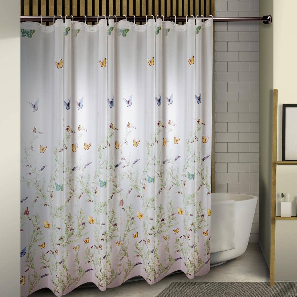 White PEVA Shower Curtain with Colorful Butterfly Print