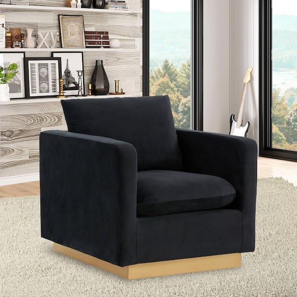 Nervo Modern Gold Frame Midnight Black Velvet Upholstered Accent Arm Chair With Removable cushions