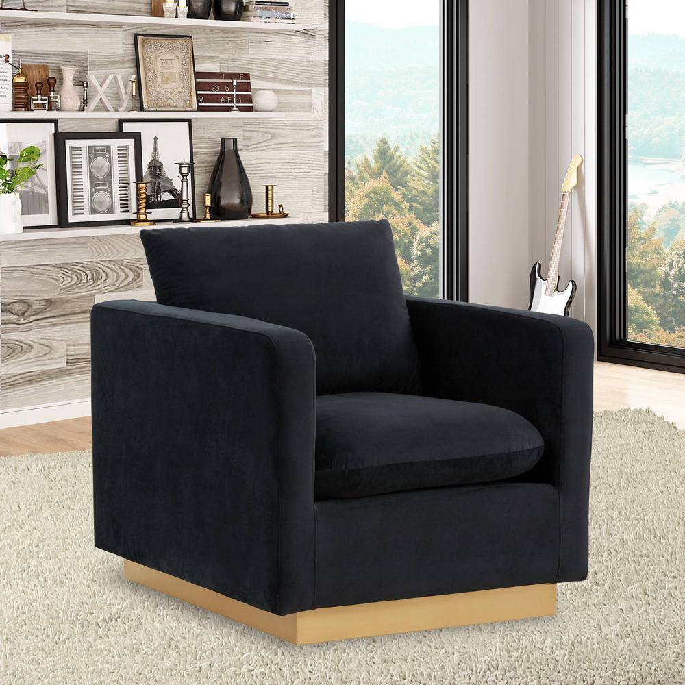 Midnight Black Velvet and Wood Accent Chair