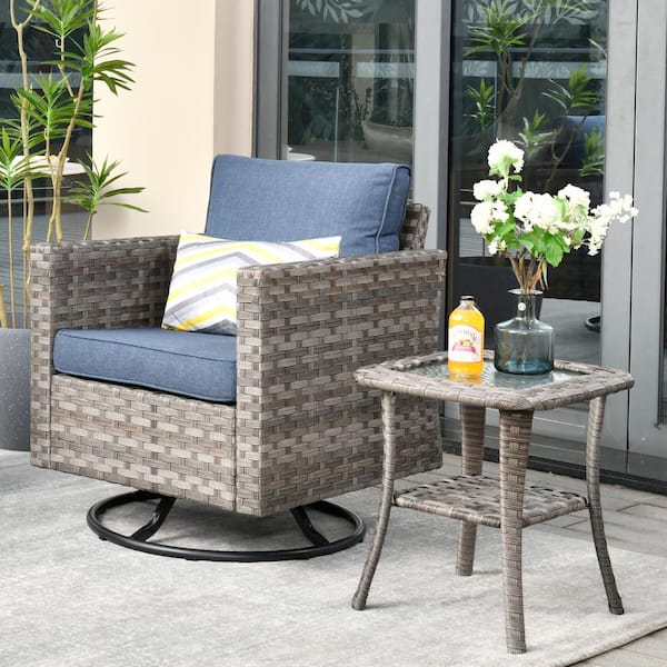 HOOOWOOO Tahoe Grey Swivel Rocking Wicker Outdoor Patio Lounge Chair with a Side Table and Denim Blue Cushions