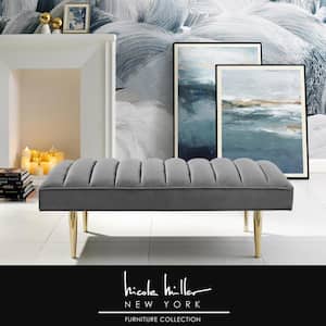 Denver Light Grey/Gold Velvet Bench with Upholstered