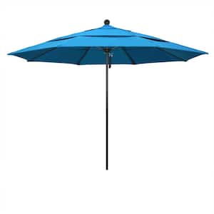 11 ft. Black Aluminum Commercial Market Patio Umbrella with Fiberglass Ribs and Pulley Lift in Canvas Cyan Sunbrella