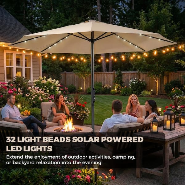 beach style patio umbrella LAZZO 15 ft. Large Beige Beach Umbrella with LED Lights and Base,  Rectangular Triple Shade for Patio Deck Garden, Tiki Style AGPUB137HW