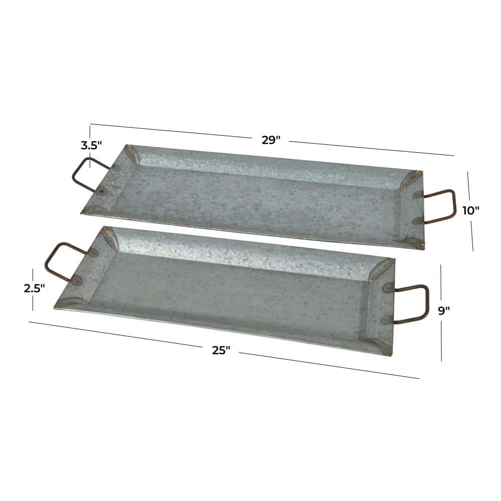 Gray Rectangular Metal Serving Tray Set with Gold Trim