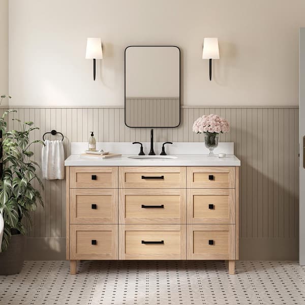 ARIEL Monroe 55 in. W x 22 in. D x 36 in. H Single Sink Bath Vanity in Oak with Pure White Quartz Top