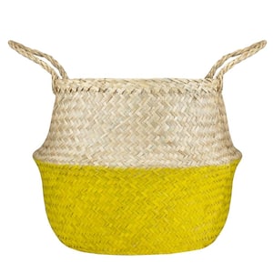 15.5" Beige and Yellow Large Belly Basket with Handles