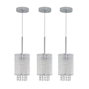 Modern Crystal 3-Pack Adjustable Chrome Pendant Light Hanging Ceiling Fixture with Clear Beads (No Bulbs)