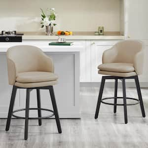 Zephyrine 26 in. Beige Low Back Swivel Counter Height Bar Stool with Leather Seat and Wood Frame (Set of 2)