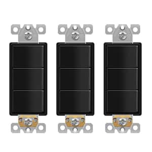 15 Amp 120-Volt to 277-Volt Triple Paddle Rocker Decorator Light Switch, Single Pole Residential Grade in Black (3-Pack)