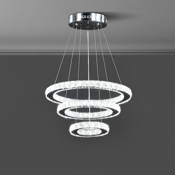 Ore International Alva Triple Hoop Modern Crystal White LED Remote Control Dimmer Chandelier