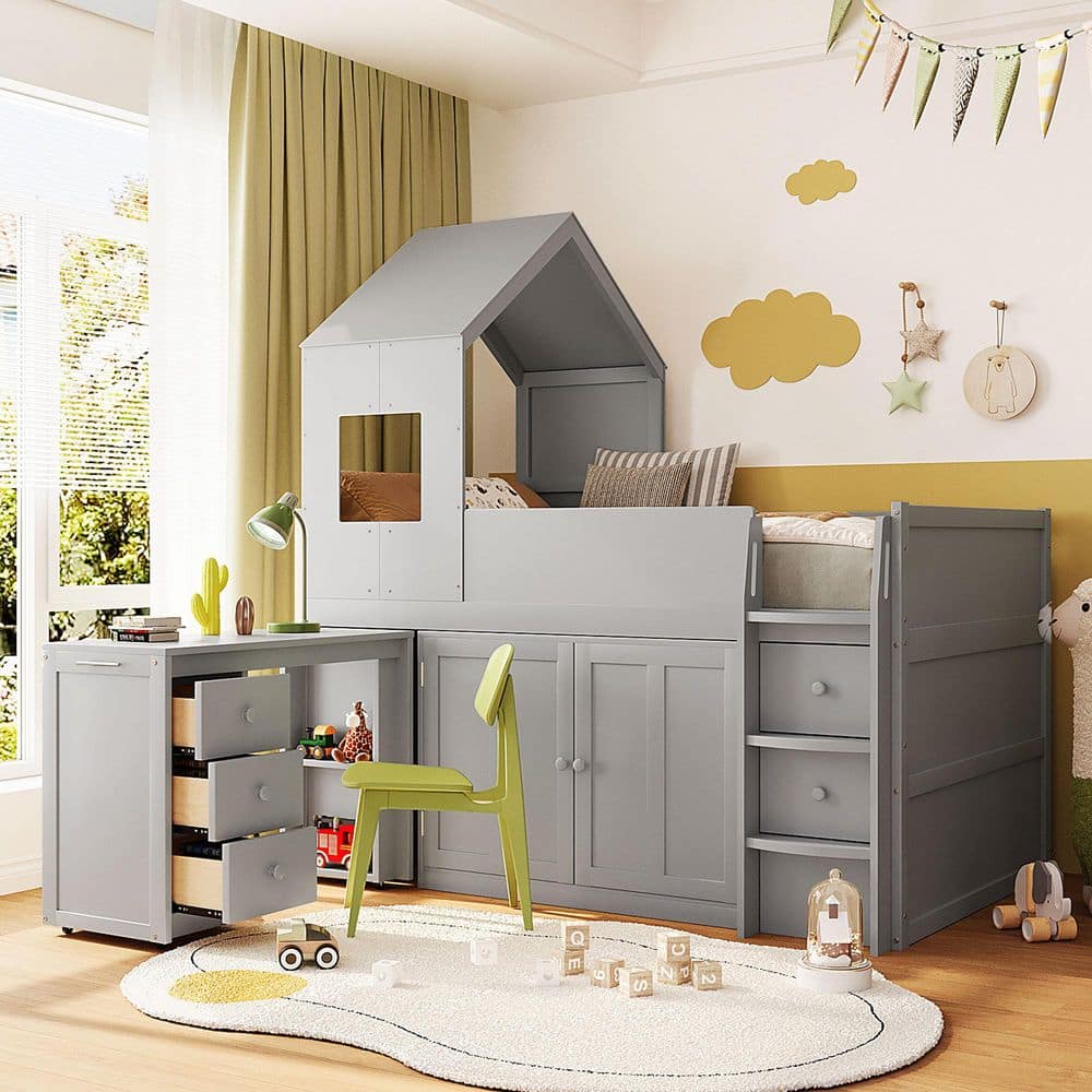 Gray Twin Size Wood House Shaped Loft Bed with Ladder, 5 Drawers, Pull-out Desk and Cabinet price history on PriceWatchPro